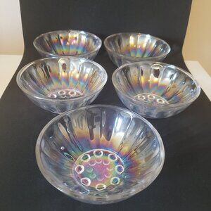 Vintage Iridescent Bubble-Foot Glass Bowls Set of 5 (4.25”) Clear Rainbow Finish